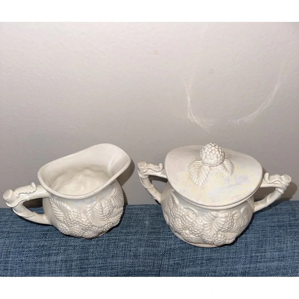 Vintage Blackberry Relief Creamer & Covered Sugar Bowl Parian Style White Lustre